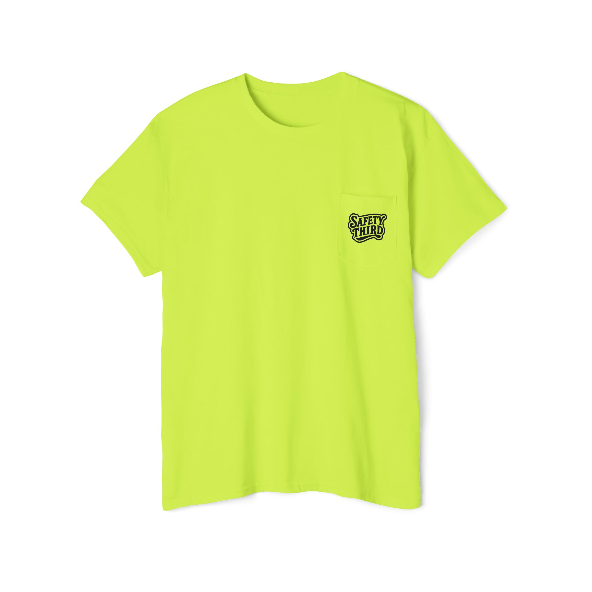 Unisex Heavy Cotton Pocket Tee with 'Safety Third' Design, Safety Work Wear, High Visibility Work Shirt