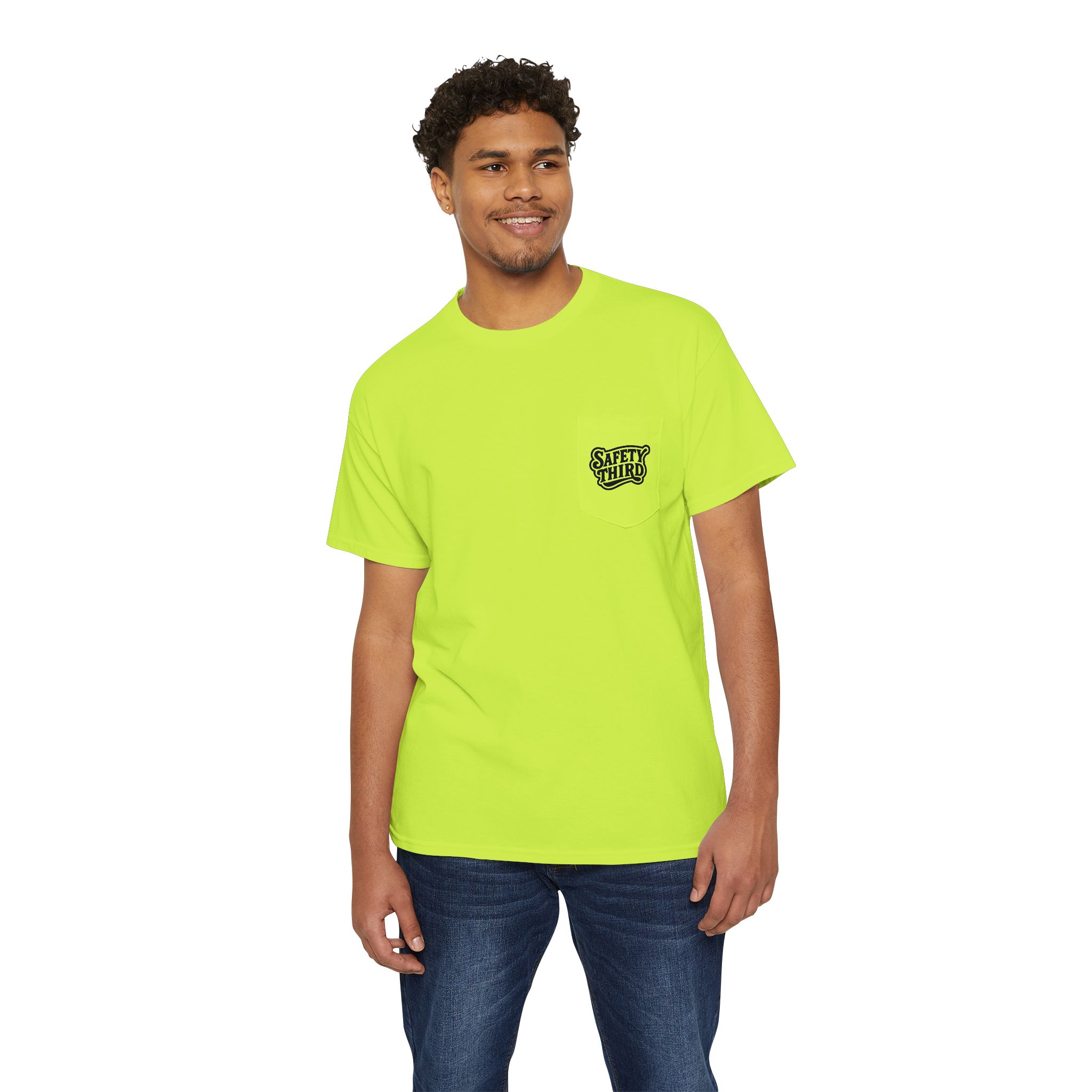 Unisex Heavy Cotton Pocket Tee with 'Safety Third' Design, Safety Work Wear, High Visibility Work Shirt - Image 3
